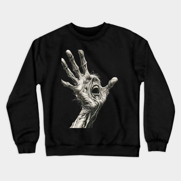 The Unnatural Awakening: What Are We Becoming on a Dark Background Crewneck Sweatshirt by Puff Sumo